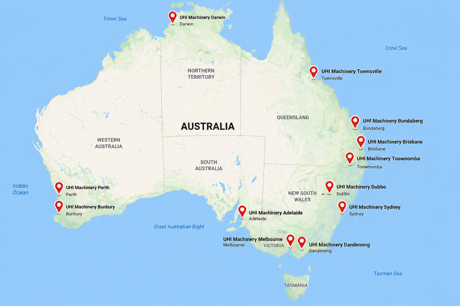 Map showing UHI Machinery branch locations across Australia