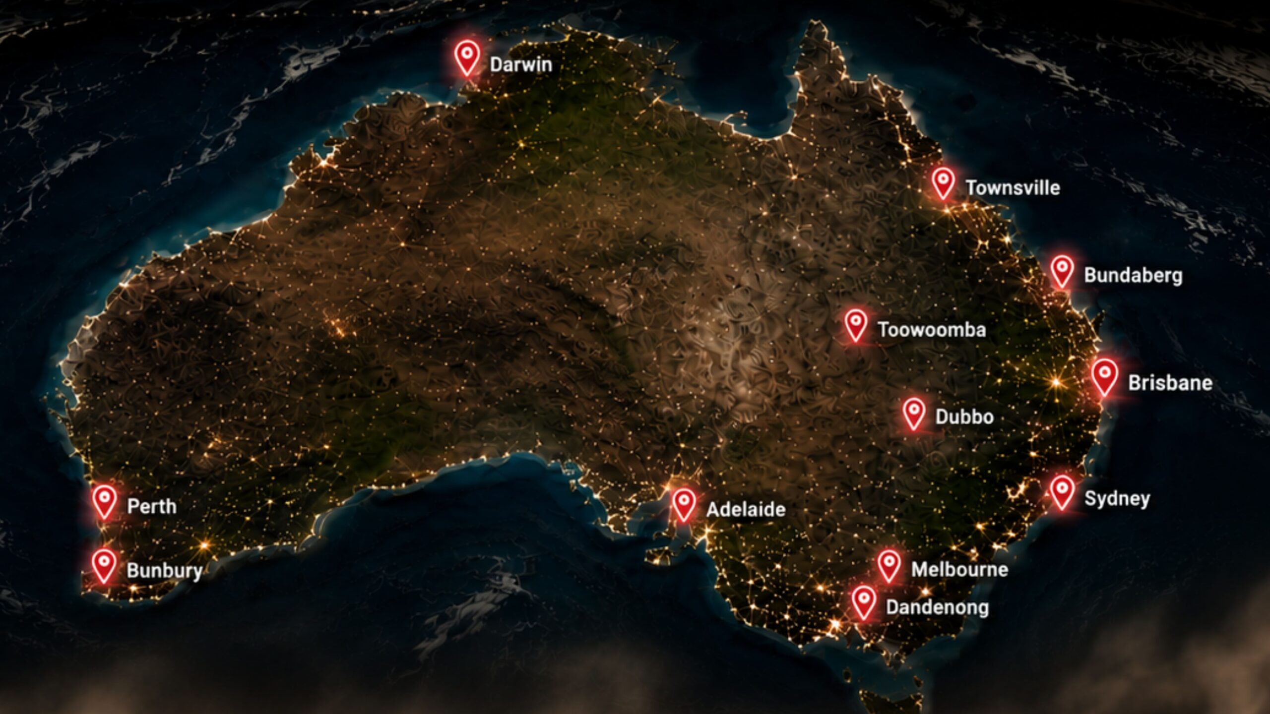 Map showing UHI machinery branches and support locations across Australia